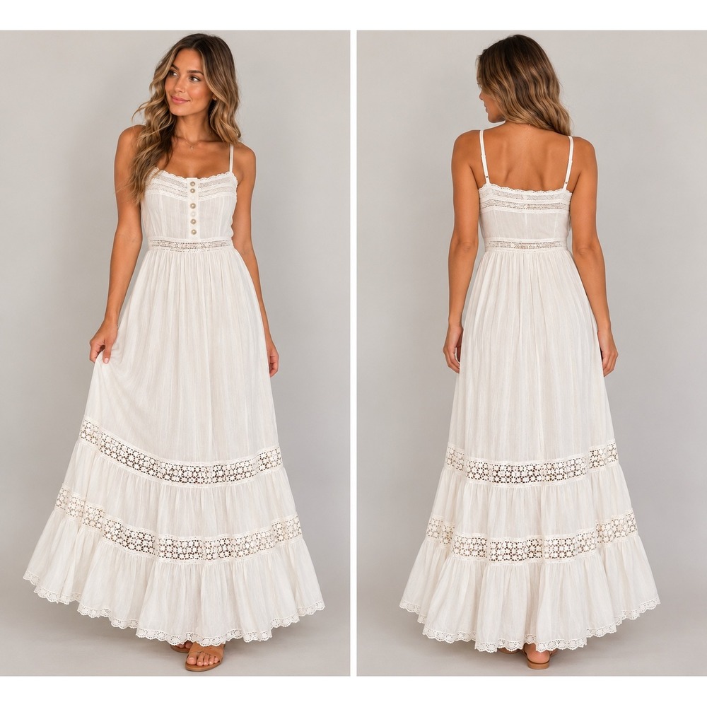 Forever 21 White Boho Crochet Lace Tiered Maxi Dress Sun Dress Womens